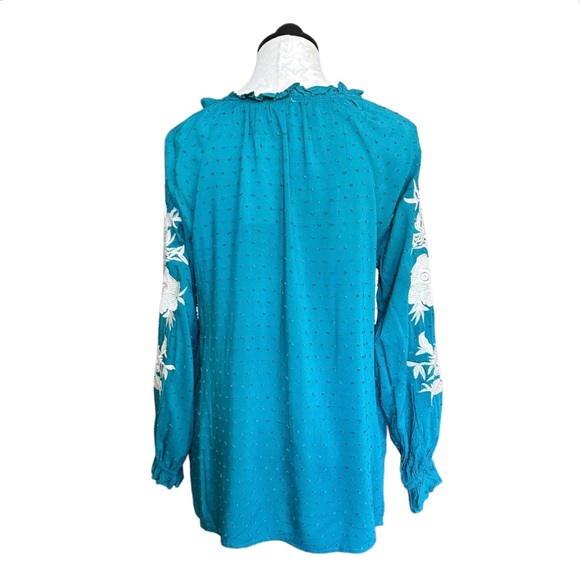 Solitaire Tunic Embroidered Peasant Blouse Turquoise Ruffled Neck Ties Size S - Picture 6 of 13